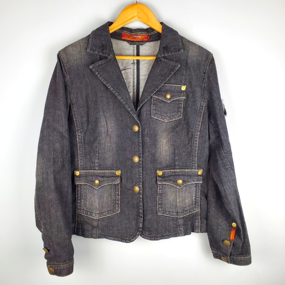 MARC AUREL Black Denim Embroidered Jean Jacket, Size L (Eur 42)